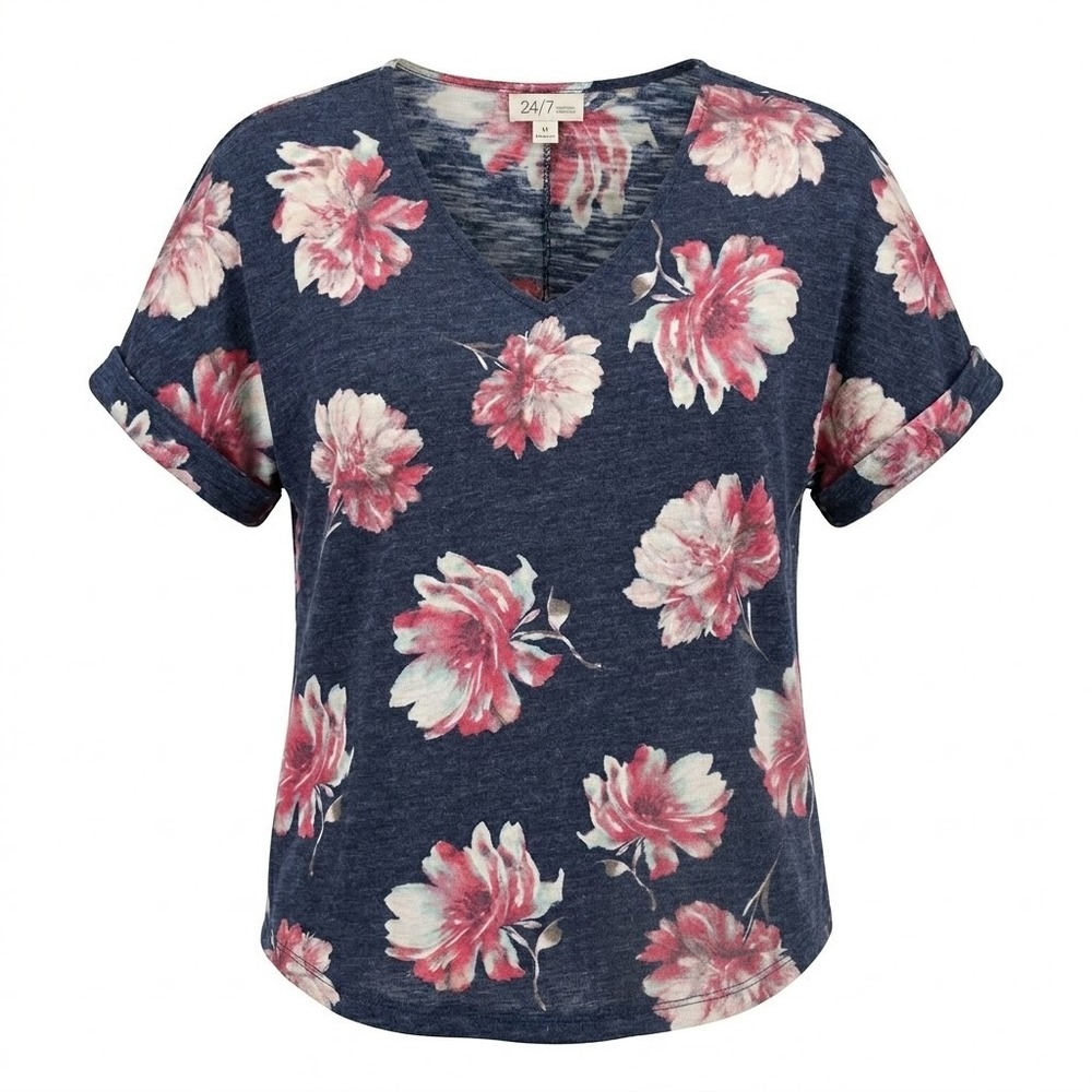 Maurices 24/7 Navy Blue Pink Floral V-Neck Cuffed Short Sleeve‎ Top Medium